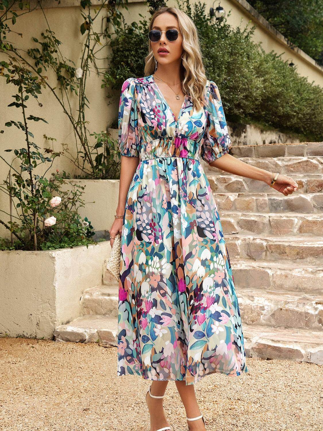 Devine Smocked Printed V-Neck Half Sleeve Midi Dress - StyleLure