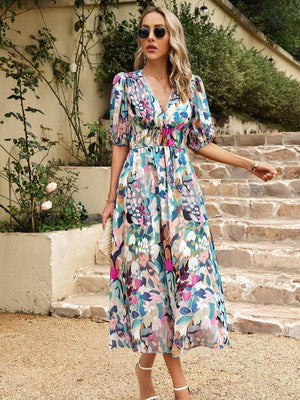 Devine Smocked Printed V-Neck Half Sleeve Midi Dress - StyleLure