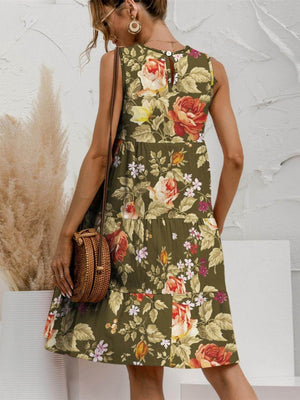 FAM-FAM Tiered Printed Round Neck Sleeveless Dress - StyleLure