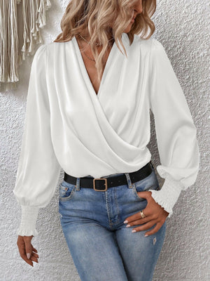 Surplice Smocked Lantern Sleeve Blouse - StyleLure