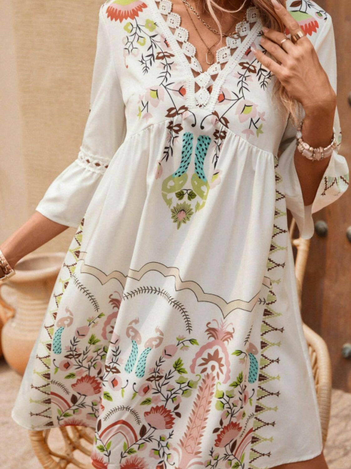 Lace Detail Printed Three-Quarter Sleeve Dress - StyleLure