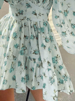 Lace Detail V-Neck Balloon Sleeve Dress - StyleLure