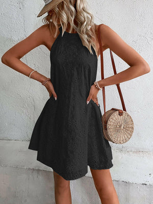 Eyelet Grecian Neck Mini Dress - StyleLure