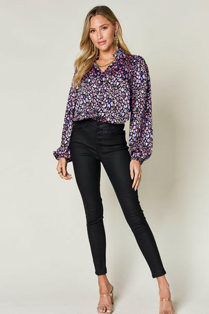 Double Take Full Size Printed Balloon Sleeve Shirt - StyleLure