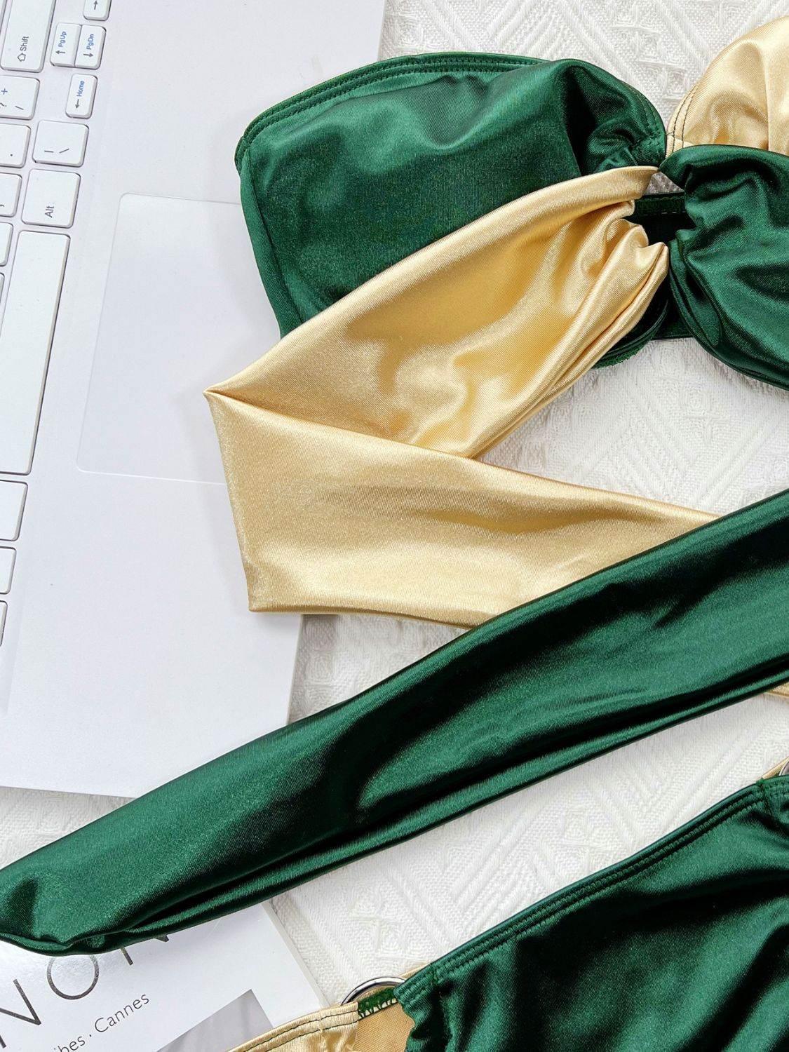 Two-Tone Ring Detail Tied Bikini Set - StyleLure
