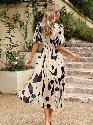 Devine Smocked Printed V-Neck Half Sleeve Midi Dress - StyleLure