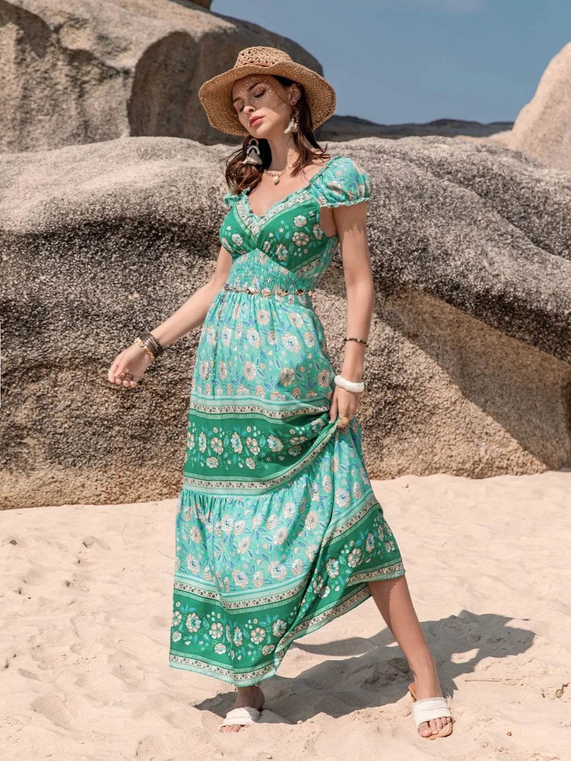 Smocked Printed V-Neck Dress - StyleLure