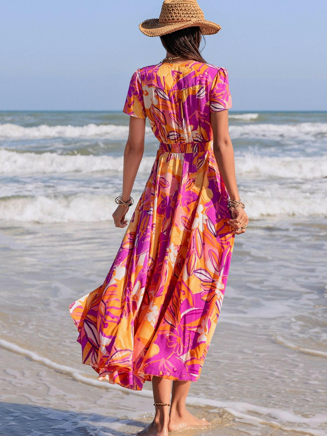 Printed V-Neck Short Sleeve Midi Dress - StyleLure