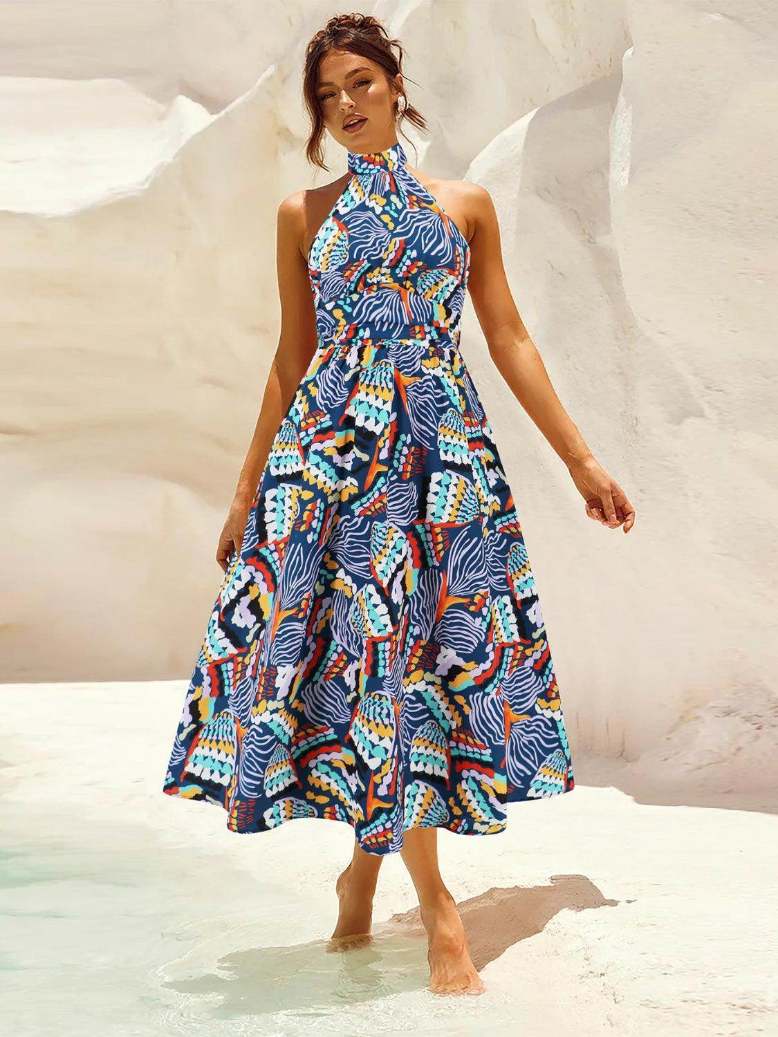 Ruched Printed Halter Neck Dress - StyleLure