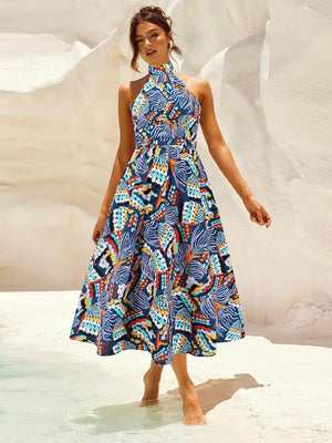 Ruched Printed Halter Neck Dress - StyleLure