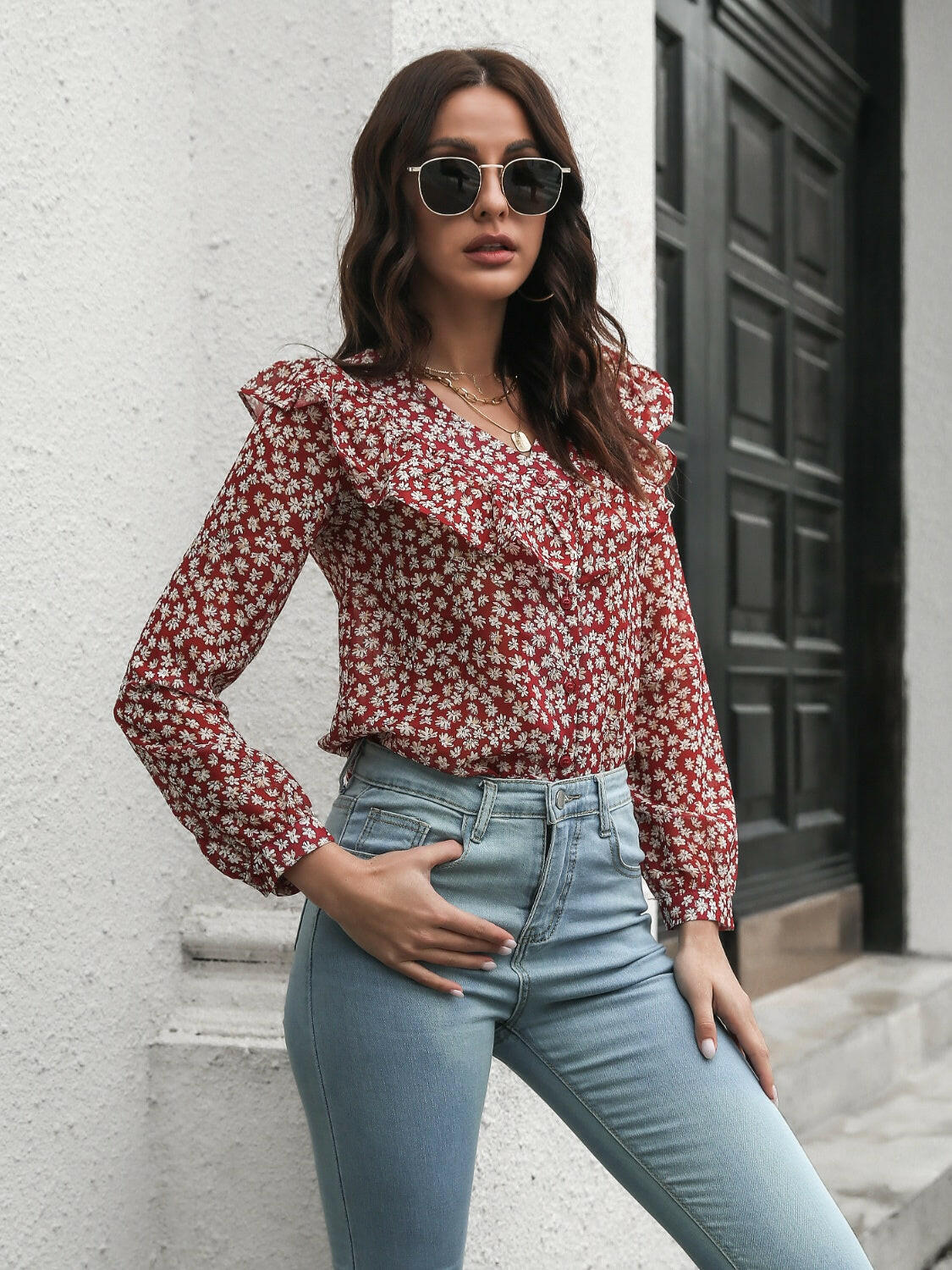 Printed Statement Collar Long Sleeve Blouse - StyleLure