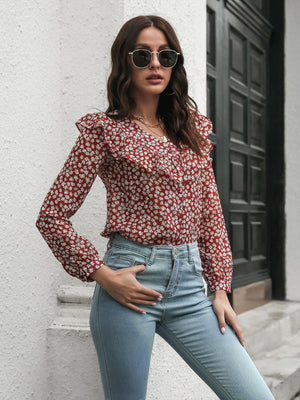 Printed Statement Collar Long Sleeve Blouse - StyleLure