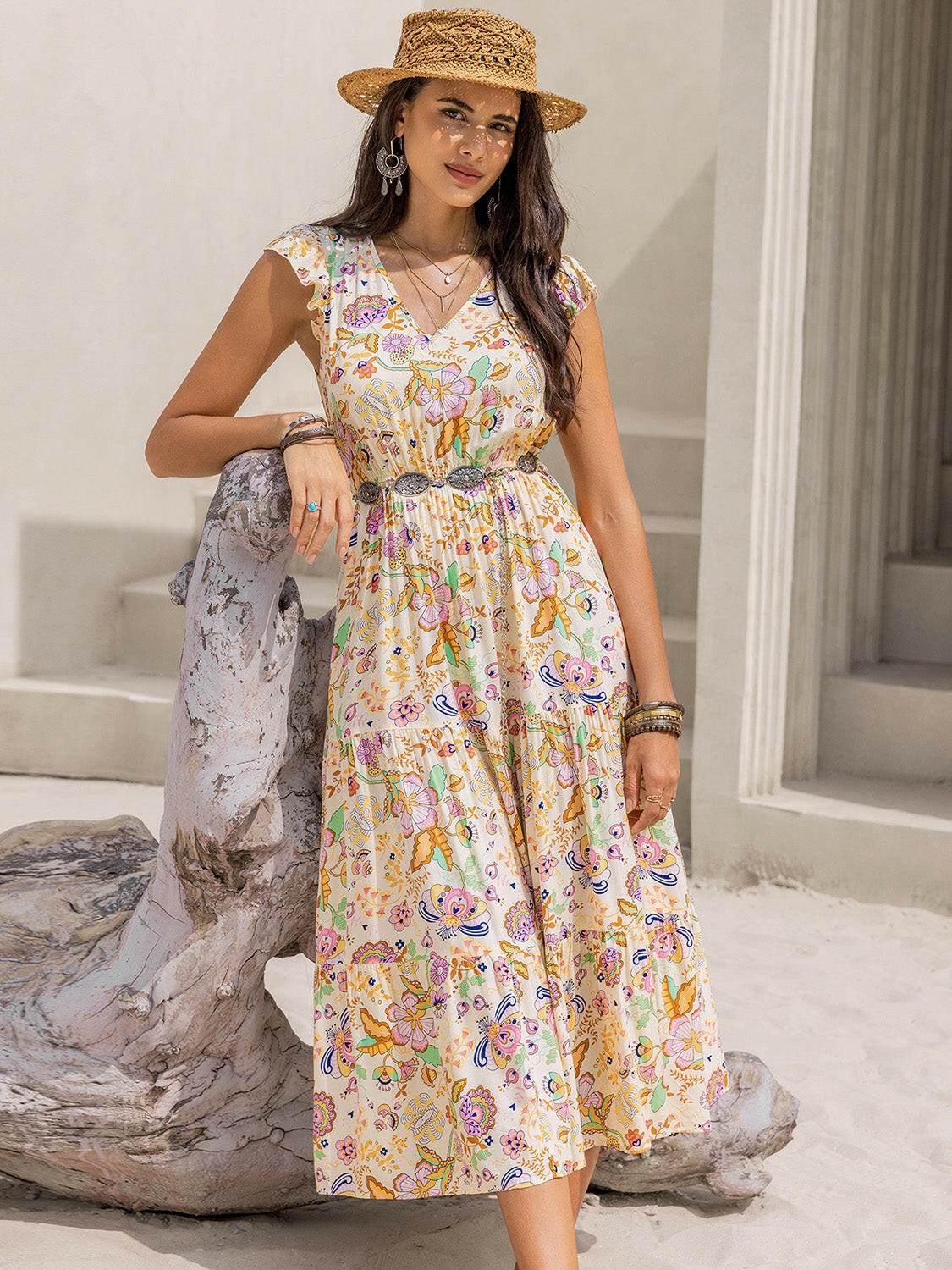 Ruched Printed Cap Sleeve Midi Dress - StyleLure