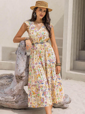 Ruched Printed Cap Sleeve Midi Dress - StyleLure