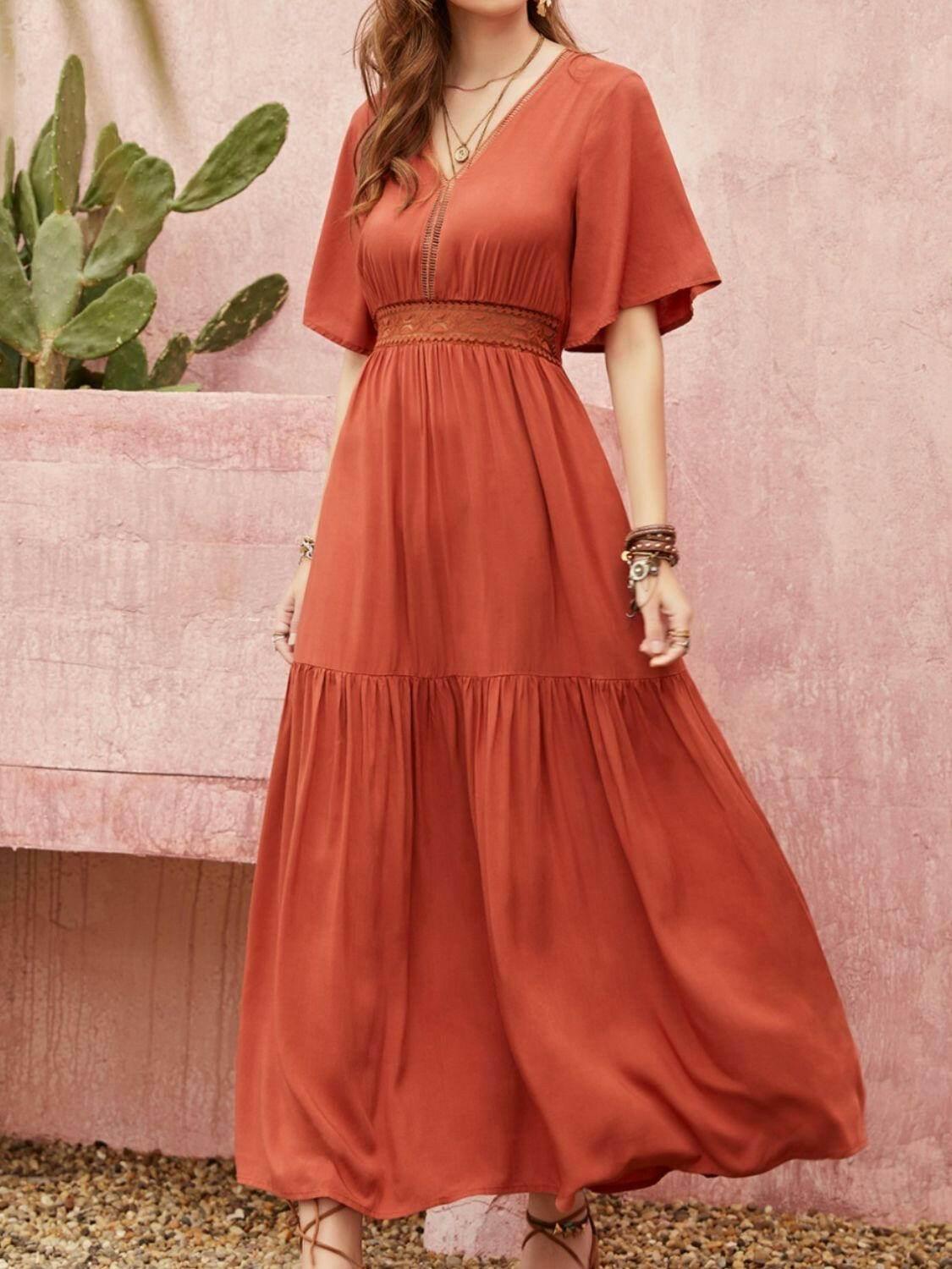 Lace Detail V-Neck Half Sleeve Midi Dress - StyleLure
