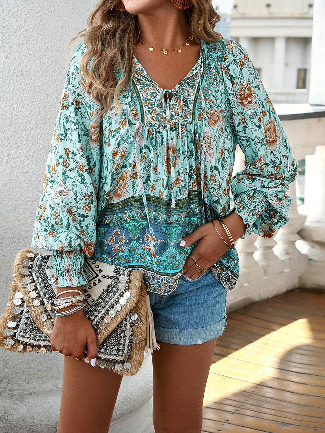 Devine Bohemian Tie Neck Lantern Sleeve Blouse - StyleLure
