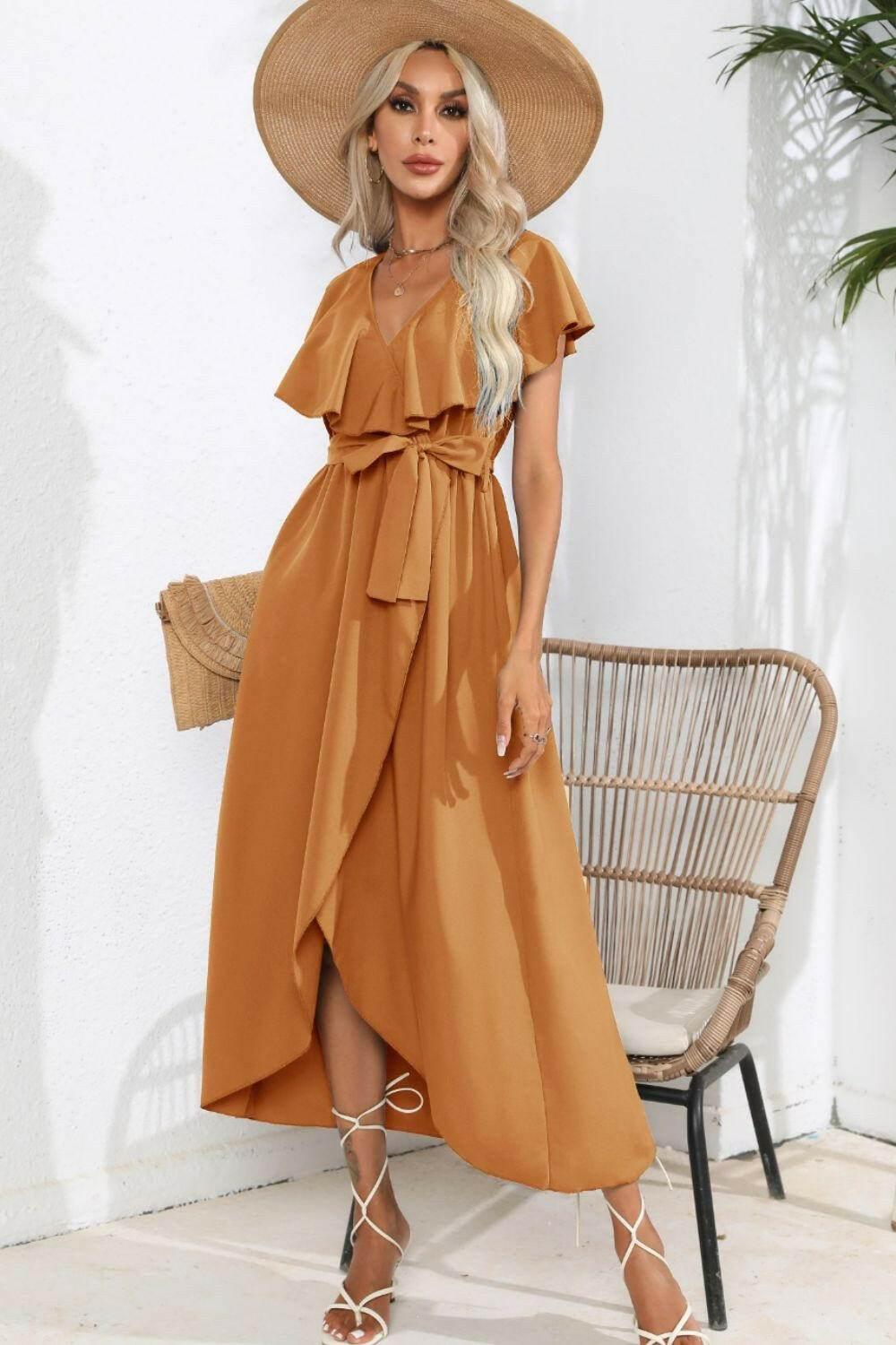Ruffled Tied V-Neck Midi Dress - StyleLure