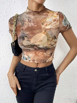 Abstract Print Ruffled Mock Neck Crop T-Shirt - StyleLure
