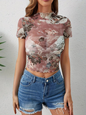 Abstract Print Ruffled Mock Neck Crop T-Shirt - StyleLure