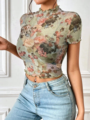 Abstract Print Ruffled Mock Neck Crop T-Shirt - StyleLure