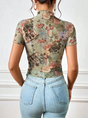 Abstract Print Ruffled Mock Neck Crop T-Shirt - StyleLure