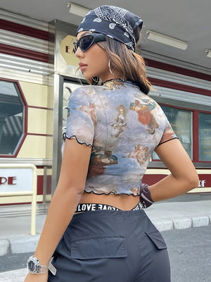 Abstract Print Ruffled Mock Neck Crop T-Shirt - StyleLure