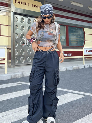 Abstract Print Ruffled Mock Neck Crop T-Shirt - StyleLure