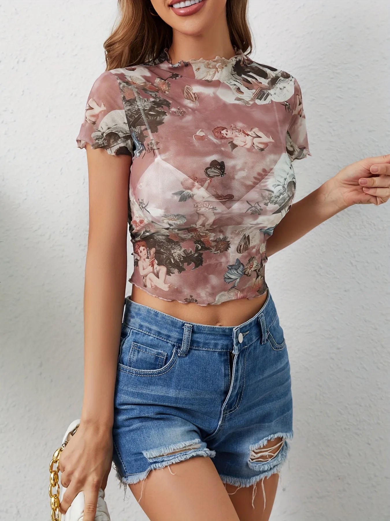 Abstract Print Ruffled Mock Neck Crop T-Shirt - StyleLure