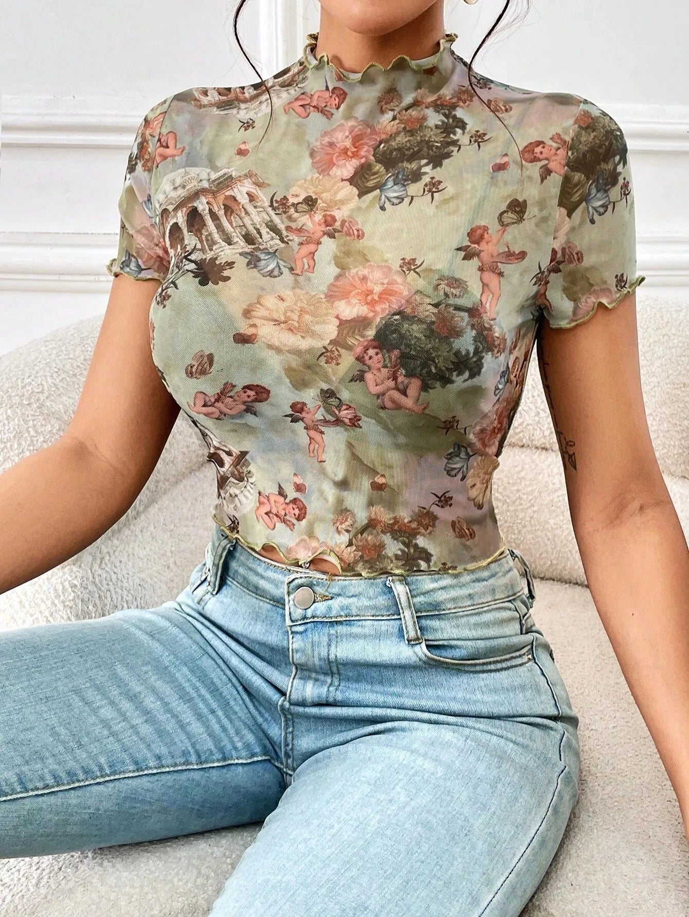 Abstract Print Ruffled Mock Neck Crop T-Shirt - StyleLure
