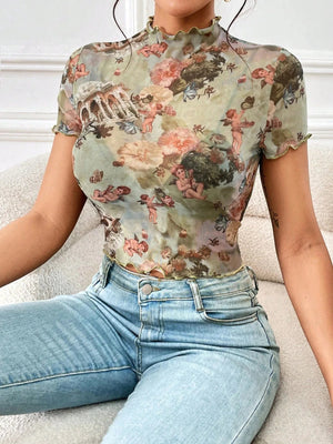 Abstract Print Ruffled Mock Neck Crop T-Shirt - StyleLure