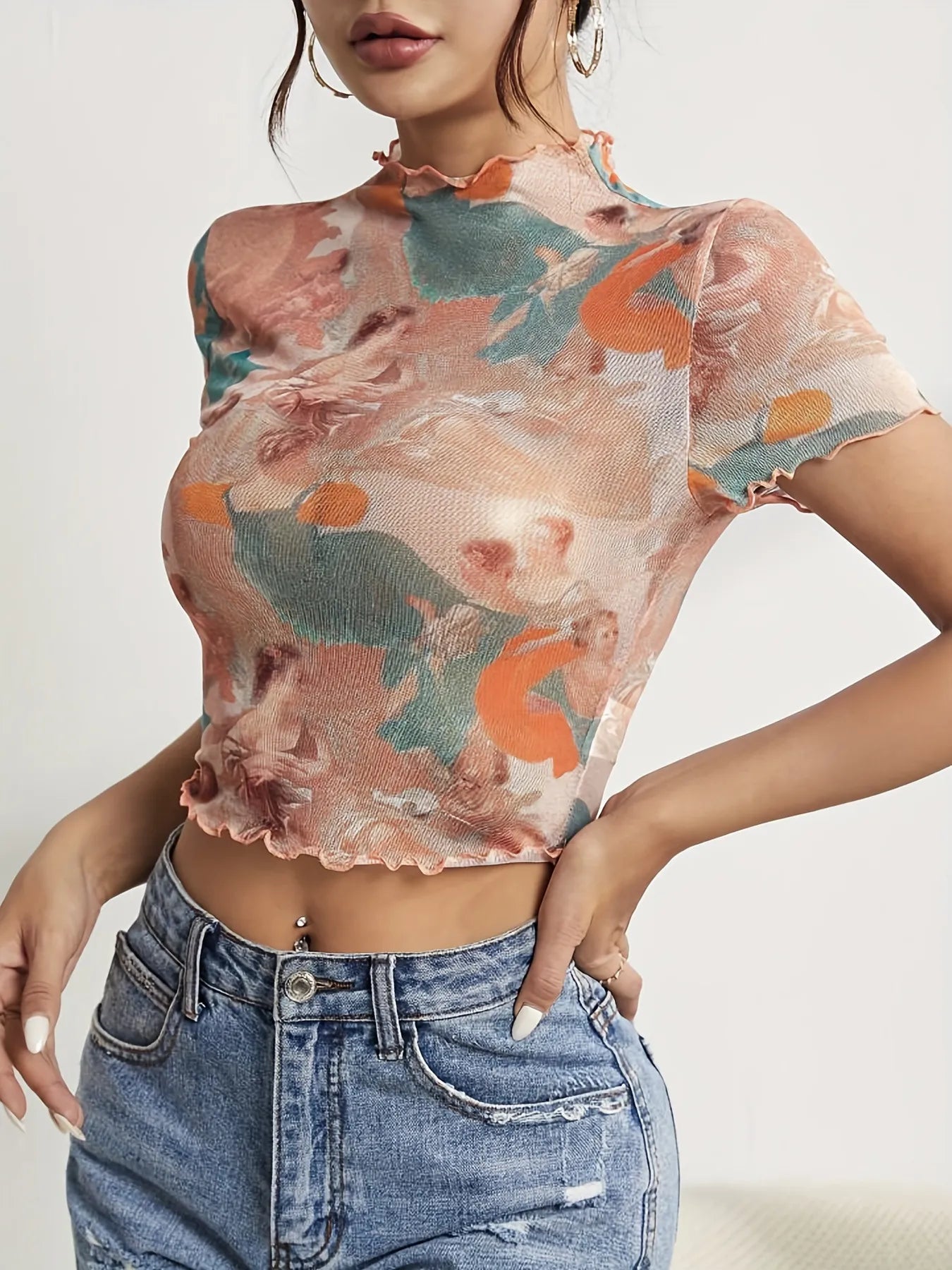 Abstract Print Ruffled Mock Neck Crop T-Shirt - StyleLure