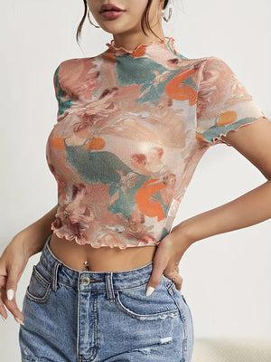 Abstract Print Ruffled Mock Neck Crop T-Shirt - StyleLure