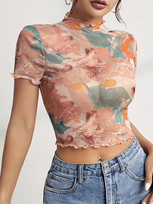Abstract Print Ruffled Mock Neck Crop T-Shirt - StyleLure