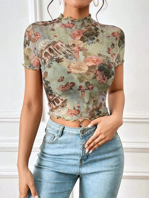 Abstract Print Ruffled Mock Neck Crop T-Shirt - StyleLure