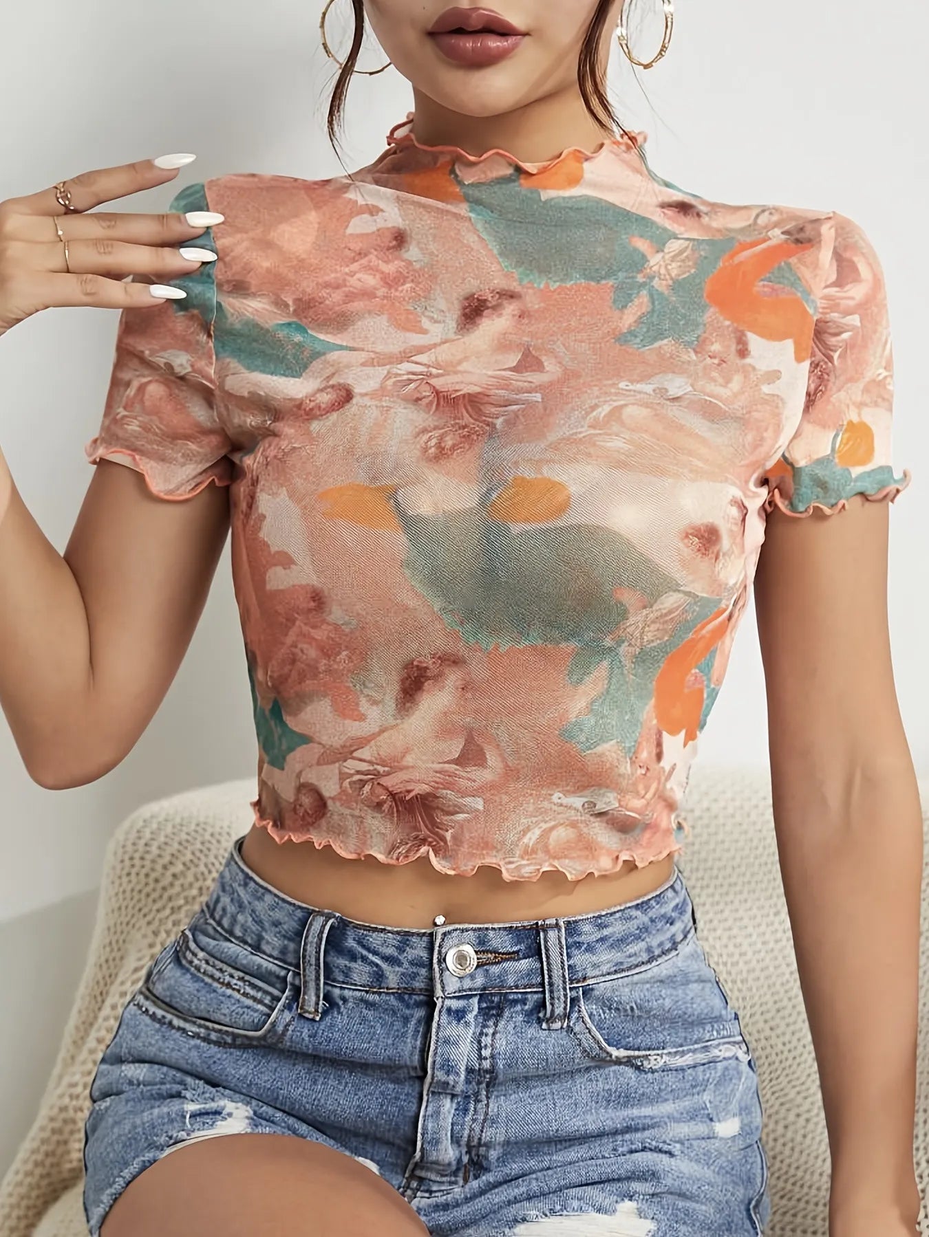 Abstract Print Ruffled Mock Neck Crop T-Shirt - StyleLure