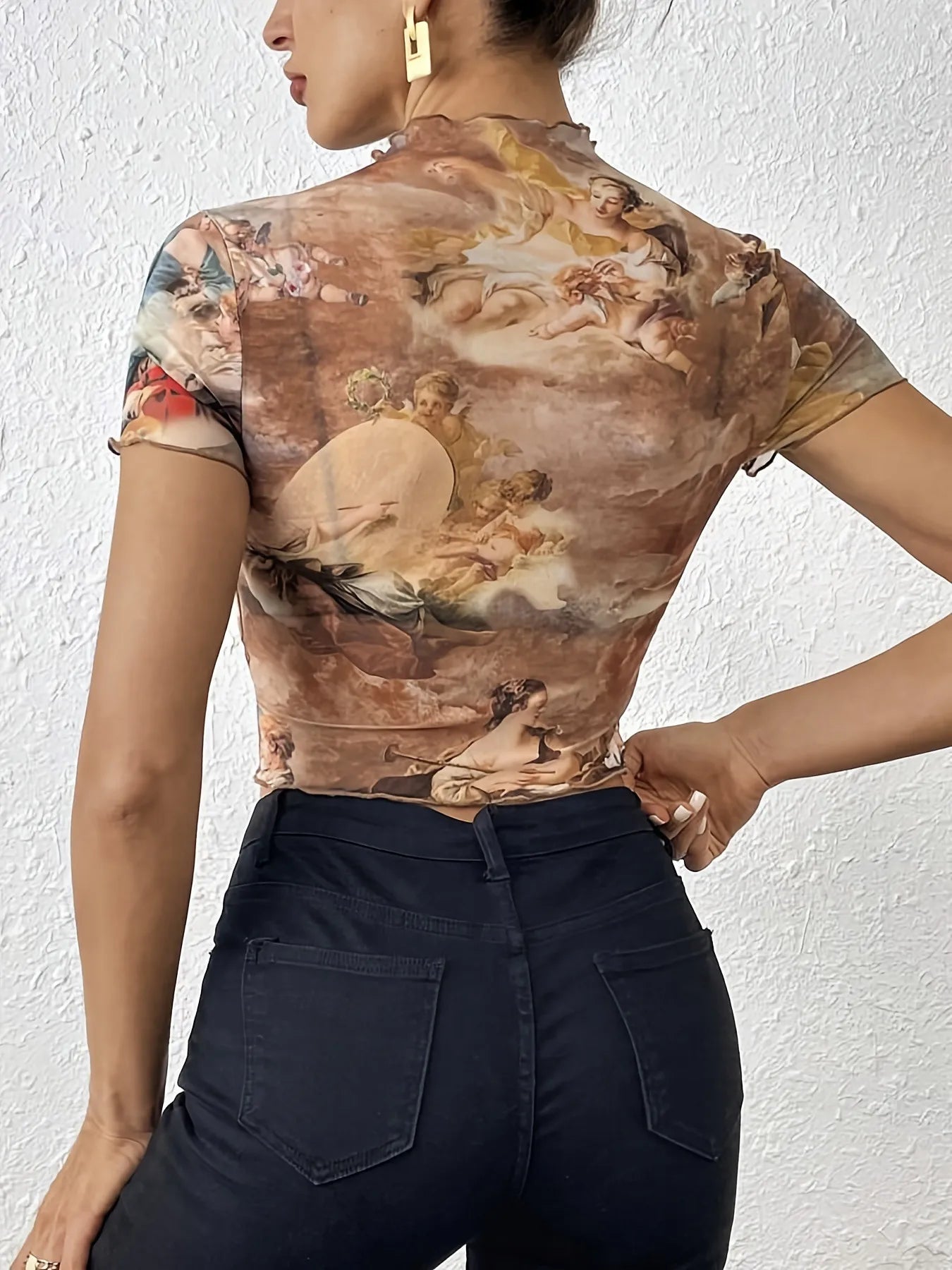 Abstract Print Ruffled Mock Neck Crop T-Shirt - StyleLure