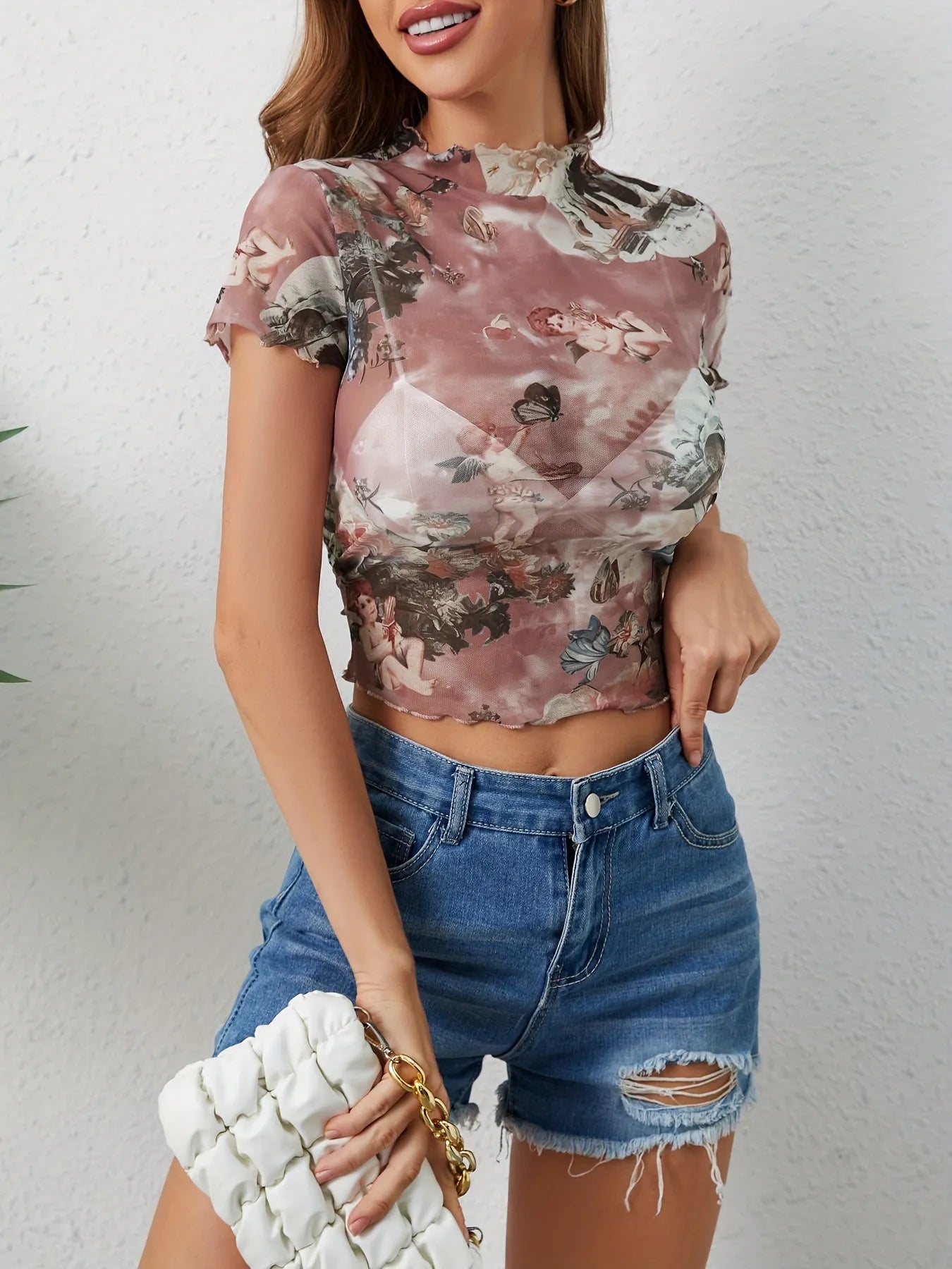 Abstract Print Ruffled Mock Neck Crop T-Shirt - StyleLure
