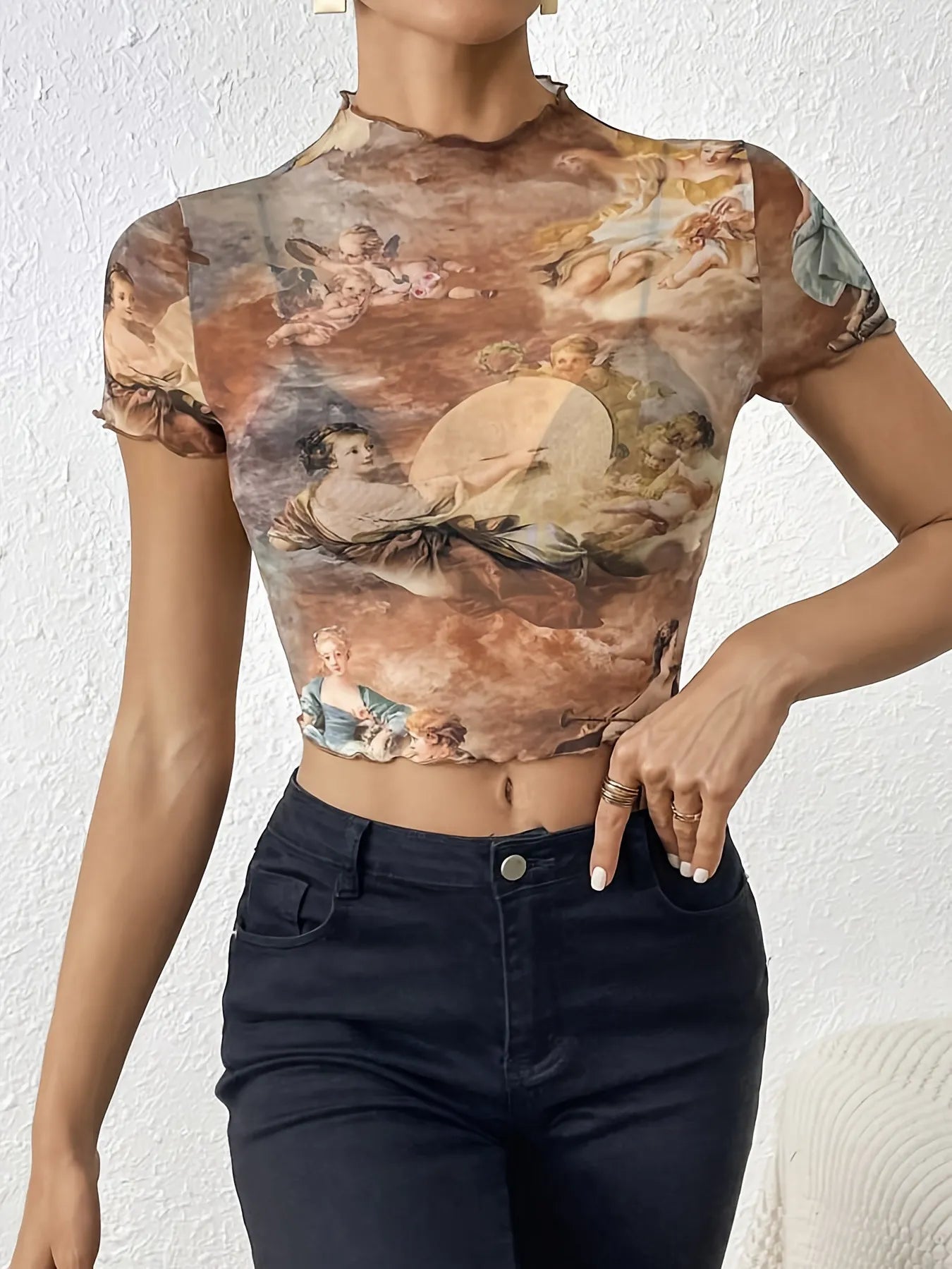 Abstract Print Ruffled Mock Neck Crop T-Shirt - StyleLure