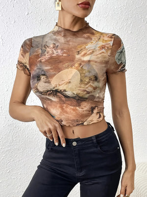 Abstract Print Ruffled Mock Neck Crop T-Shirt - StyleLure