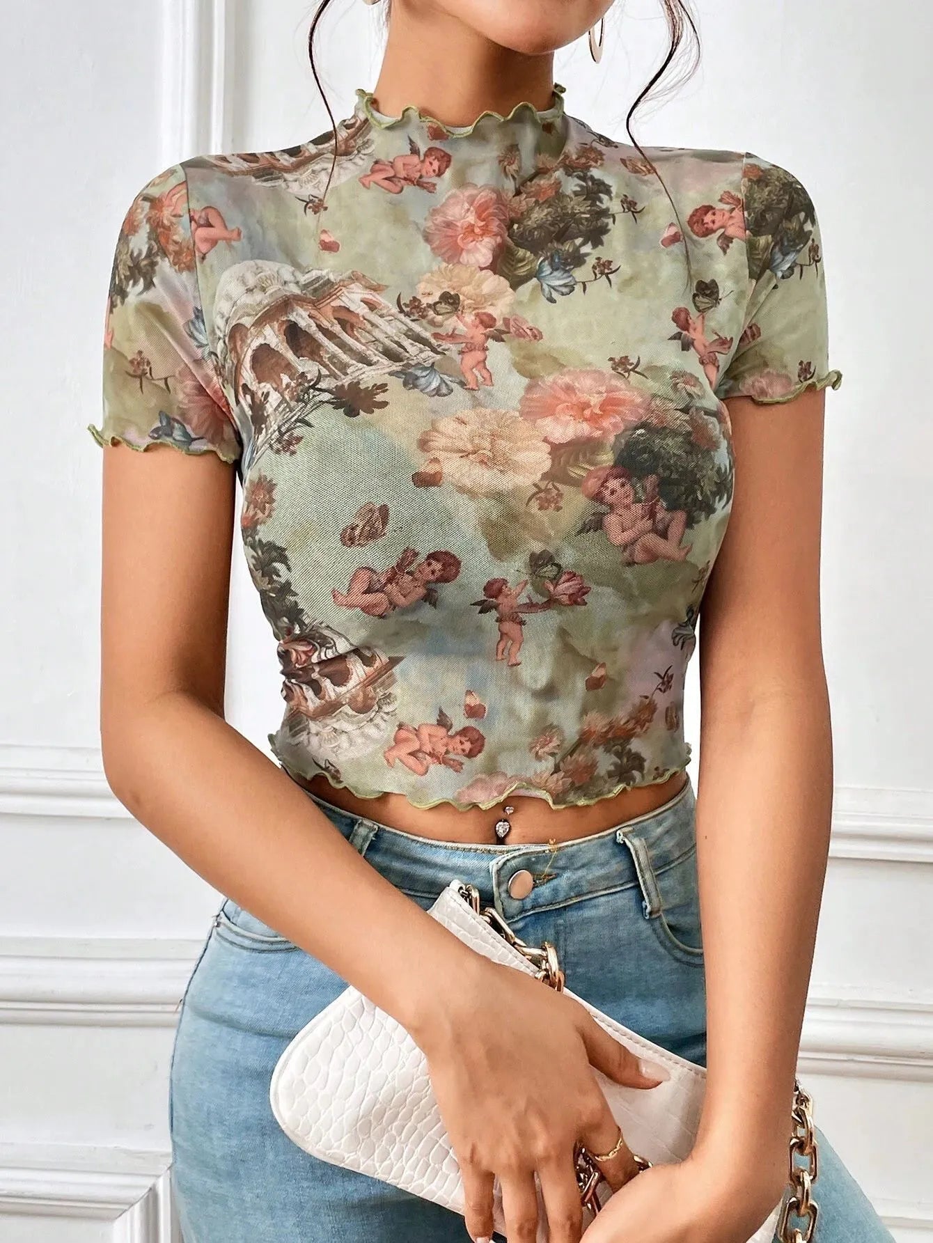Abstract Print Ruffled Mock Neck Crop T-Shirt - StyleLure