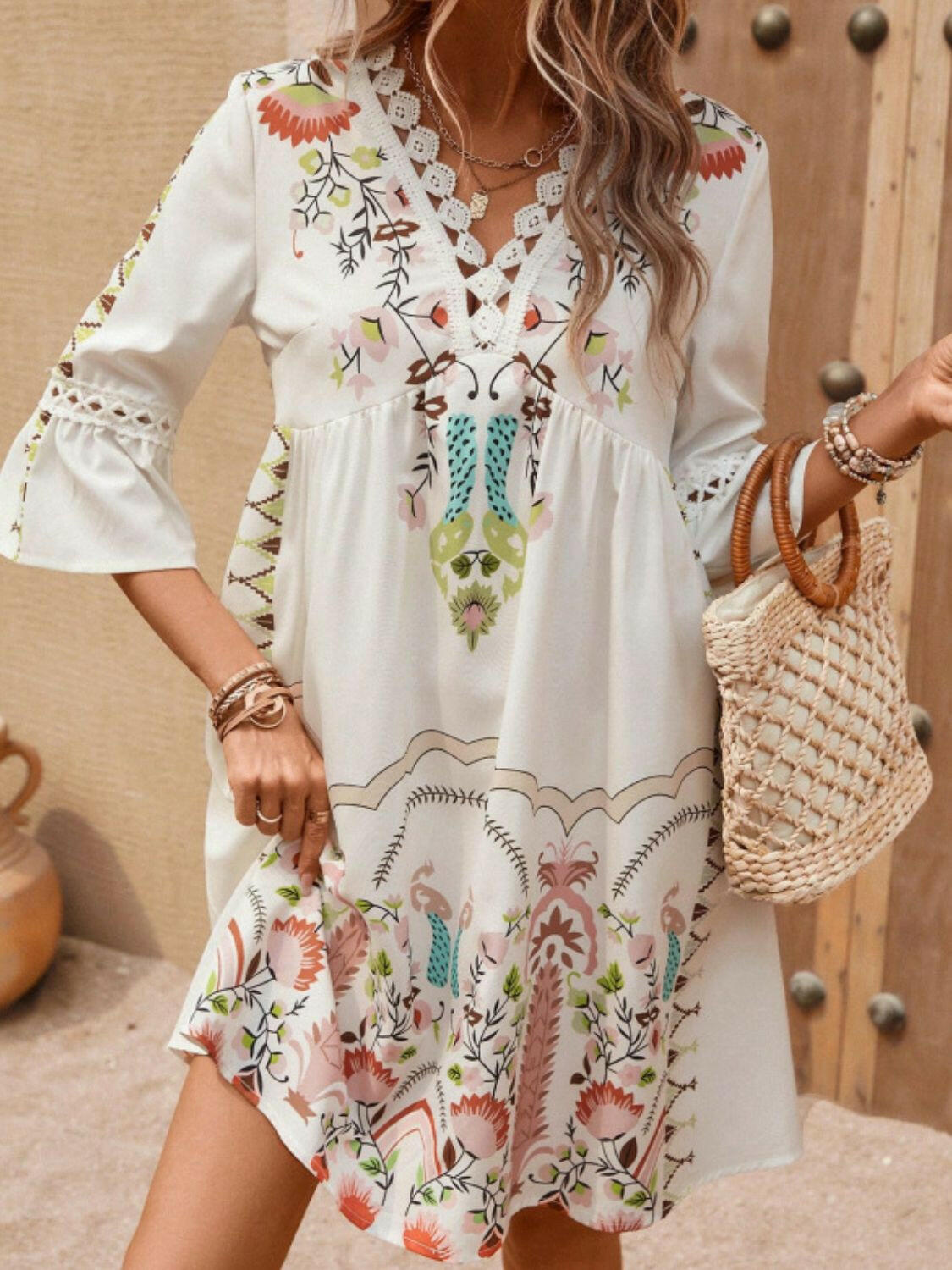 Lace Detail Printed Three-Quarter Sleeve Dress - StyleLure
