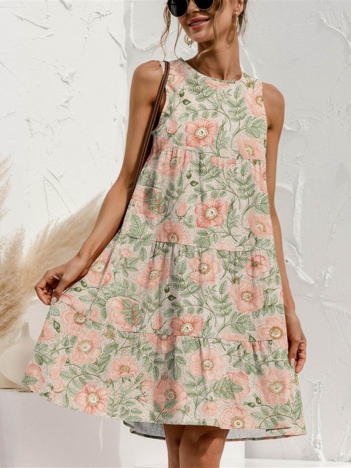 FAM-FAM Tiered Printed Round Neck Sleeveless Dress - StyleLure