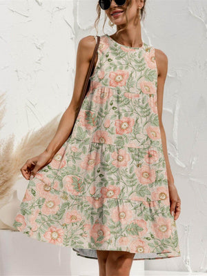 FAM-FAM Tiered Printed Round Neck Sleeveless Dress - StyleLure