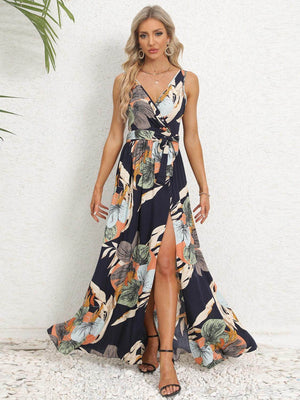 Slit Tied Printed Surplice Dress - StyleLure