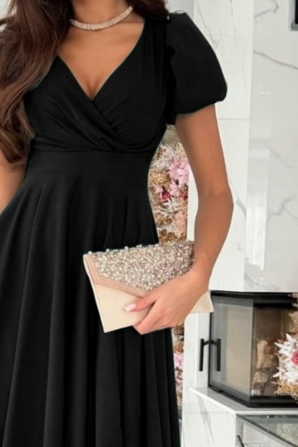 Surplice Puff Sleeve Midi Dress - StyleLure