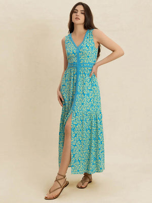 Slit Printed V-Neck Sleeveless Dress - StyleLure