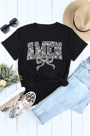 AMEN Bow Round Neck Short Sleeve T Shirt - StyleLure