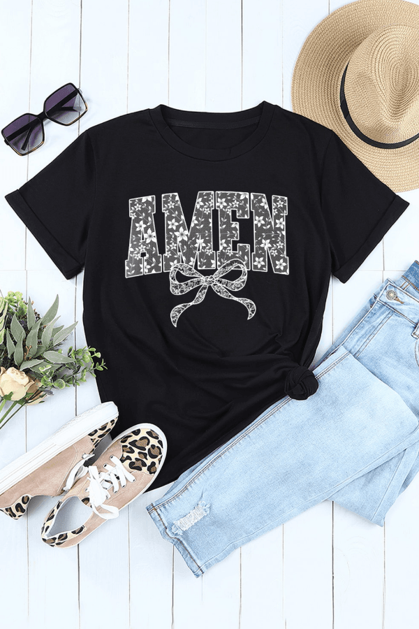 AMEN Bow Round Neck Short Sleeve T Shirt - StyleLure