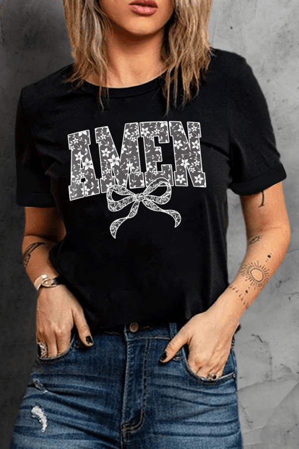 AMEN Bow Round Neck Short Sleeve T Shirt - StyleLure