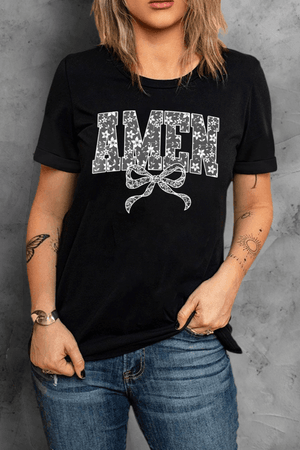 AMEN Bow Round Neck Short Sleeve T Shirt - StyleLure